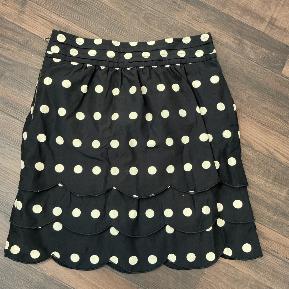 Floreat Anthropologie Polka Dot Scalloped Tiered Skirt Black Silk Blend Size 4